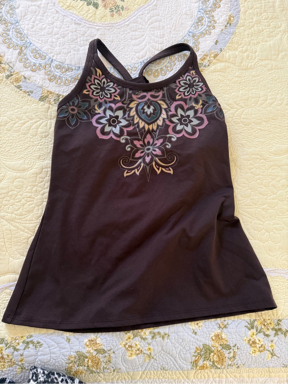 Athleta Brown Tank Top with Multicolor Floral Medallion